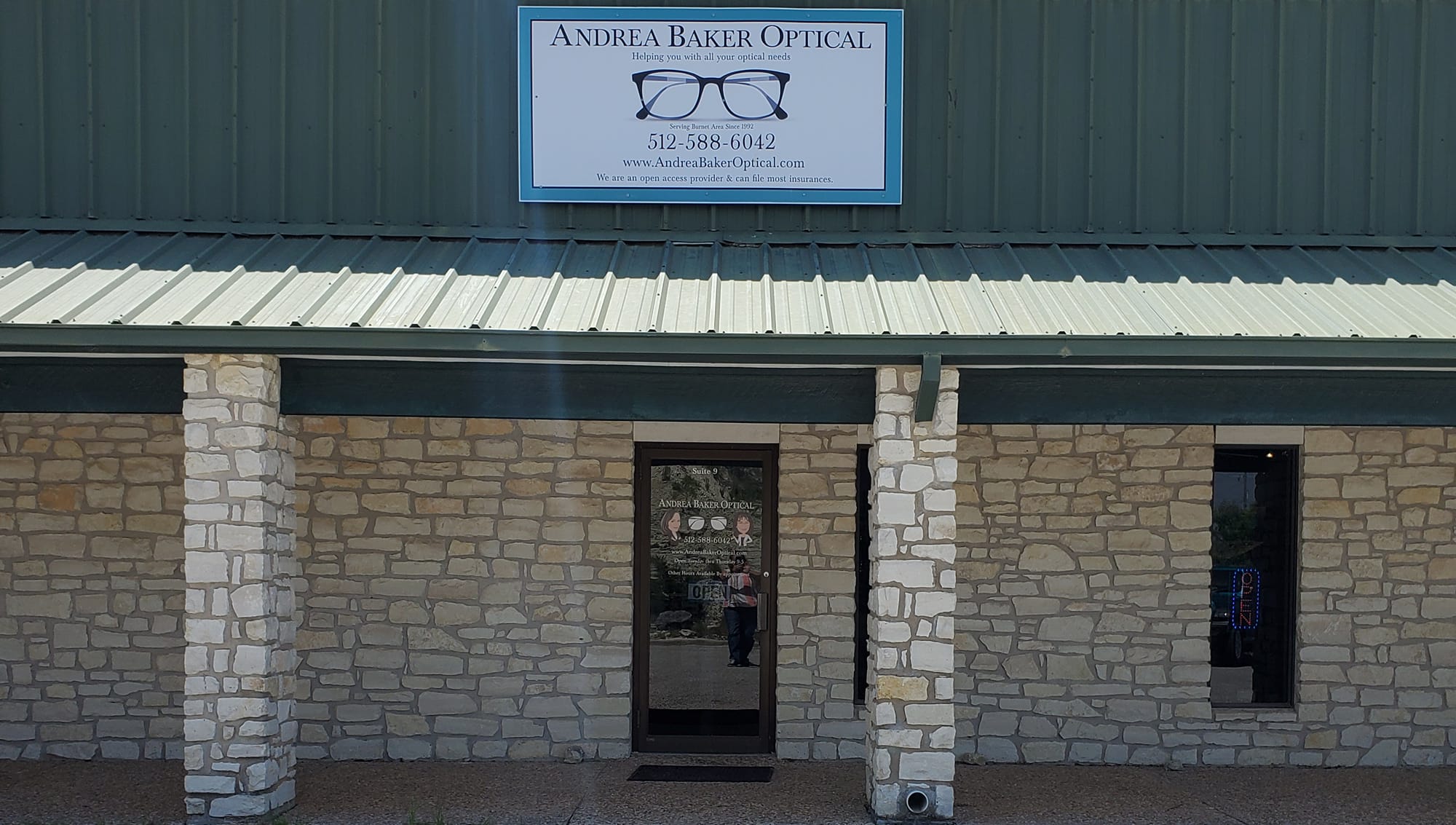 Storefront of Andrea Baker Optical, a local optical shop in Burnet, TX, serving the Burnet area since 1992